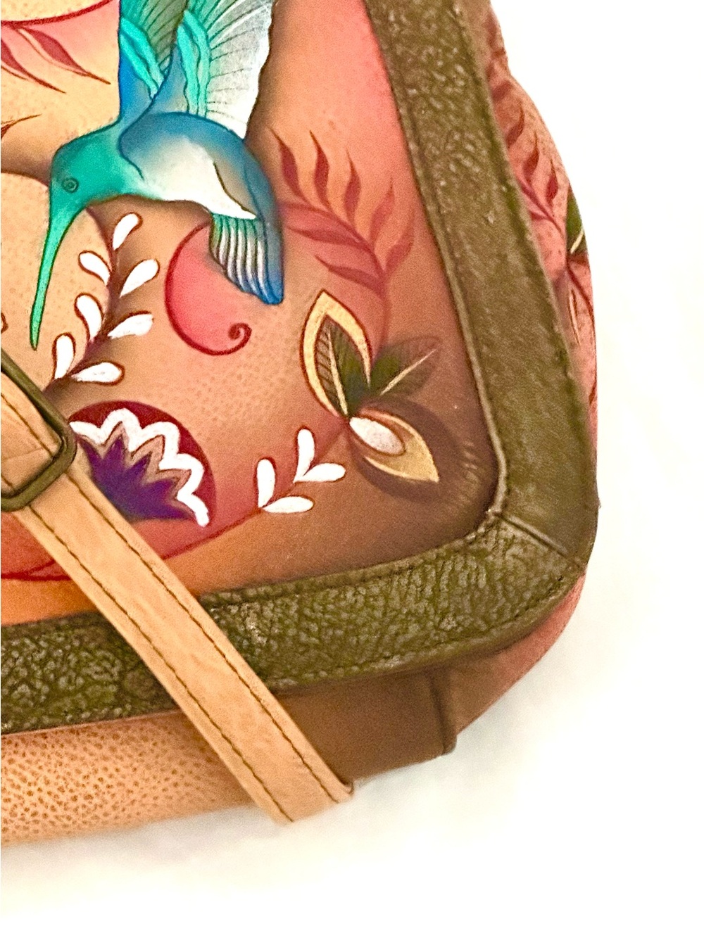 Anuschka Hand-Painted Leather Teal Hummingbird Crossbody Bag New - Picture 13 of 16